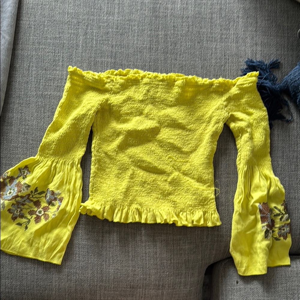 Zara Yellow Smocked Bell Sleeve Blouse
